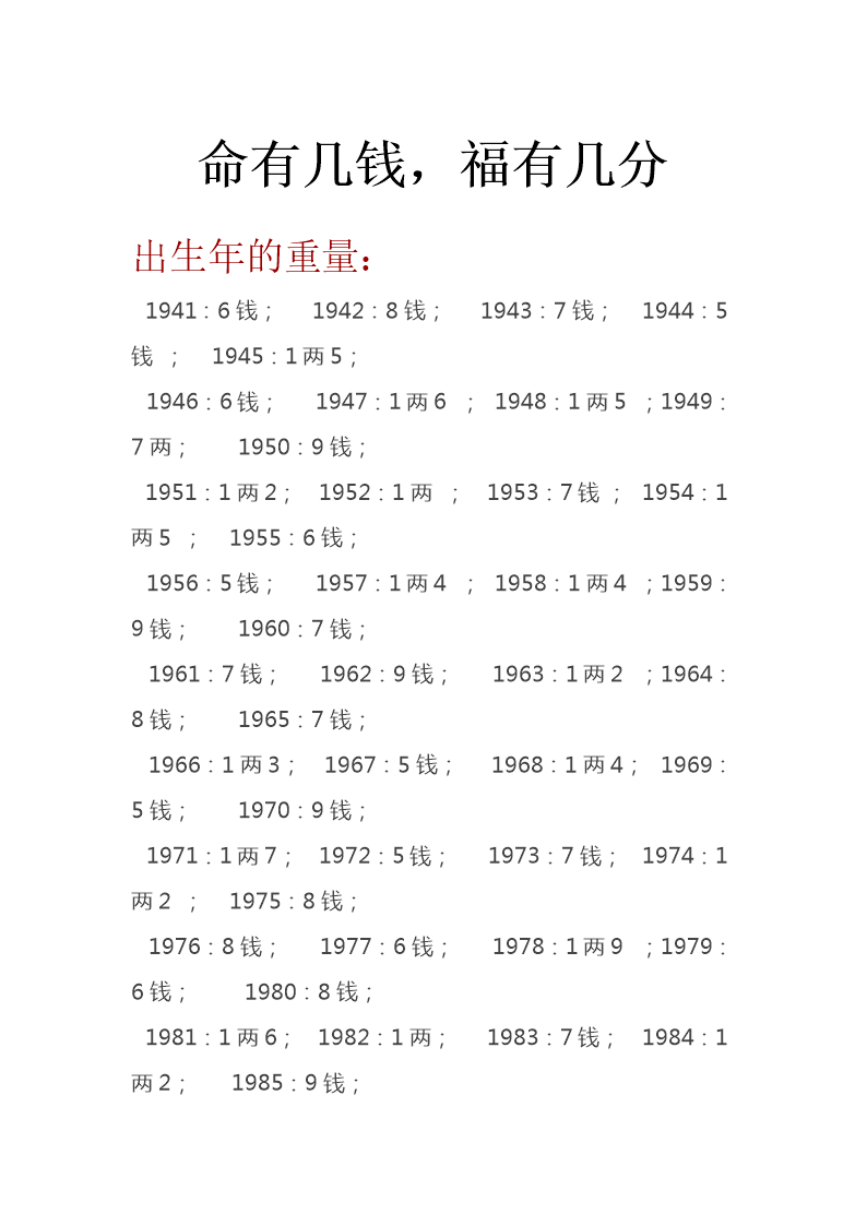 心靠岸：生辰八字几斤几两有一个对照表